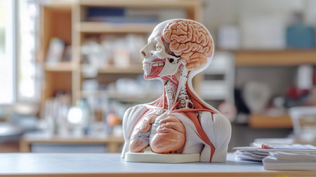 A detailed anatomical model of the human body on a classroom desk, showing organs and skeletal structure, used for educational purposes in a medical or biology setting.の素材
