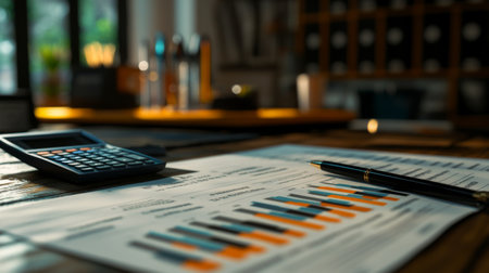 A detailed view of a financial report featuring a bar chart with revenue and expense data, placed on a desk with a calculator and pen for in-depth analysis.の素材