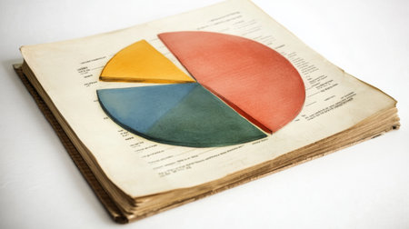 A close-up of a financial pie chart on a printed report, with distinct color segments representing different financial categories, placed on a clean white desk.の素材