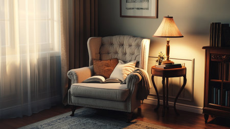 A cozy living room corner with a reading nook, featuring a comfortable armchair, a side table with a lamp, and a stack of books, creating a perfect spot for relaxation.の素材
