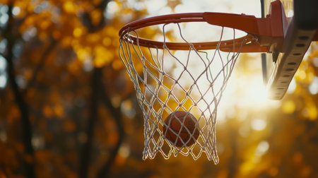 A close-up of a basketball hoop with the ball swishing through the net, capturing the moment of a successful shot with a focus on the nets movement.の素材