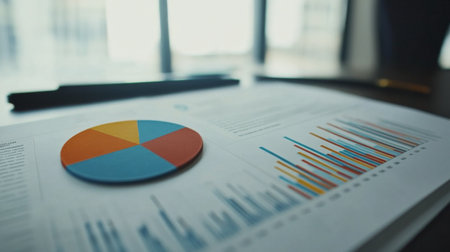A detailed close-up of a pie chart and line graph combination on a printed report, emphasizing business statistics and analysis in a tidy office setting.の素材