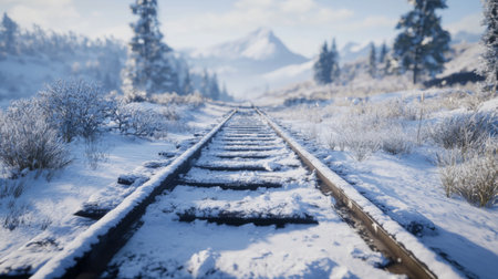 A close-up of the railway tracks covered in snow, with only the tops of the rails visible, creating a cold and tranquil winter scene in a remote area.の素材