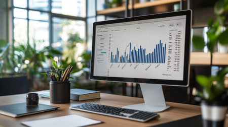 A close-up of a financial graph on a computer screen, showing a line chart with upward trends and key data points, set in a modern office environment.の素材