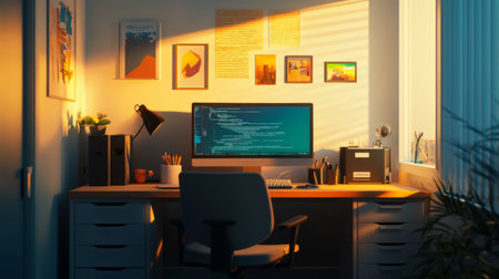 A desk with an ergonomic chair, a neatly arranged monitor, and a few motivational quotes on the wall behind, representing a comfortable and encouraging workspace.の素材