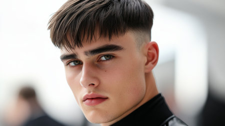 A close-up of a man with a stylish undercut hairstyle, showing the contrast between the short sides and longer top, with a modern and clean look.の素材
