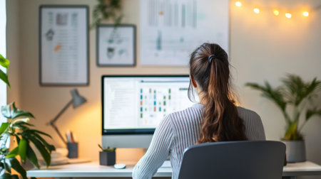 A desk with an ergonomic chair, a neatly arranged monitor, and a few motivational quotes on the wall behind, representing a comfortable and encouraging workspace.の素材