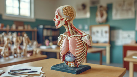 A detailed anatomical model of the human body on a classroom desk, showing organs and skeletal structure, used for educational purposes in a medical or biology setting.の素材