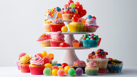 A festive candy display featuring a tiered stand with an assortment of candies and sweets, including cupcakes and candies, set against a clean white background for a party or event.の素材