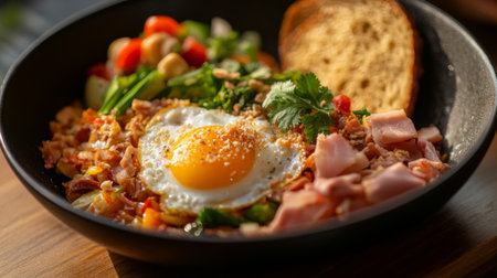 A close-up of  with eggs, ham, and vegetables in a small skillet, presented with a sprinkle of fresh herbs and a side of toasted bread, capturing the delicious simplicity of Thai breakfast.の素材