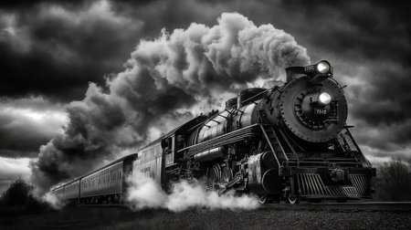 A dramatic shot of steam billowing out of a train locomotive, with the powerful engine and vintage design adding to the historical and industrial ambiance.の素材