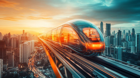 A futuristic high-speed train on an elevated track, with a vibrant city skyline in the background, illustrating the blend of technology and urban lifeの素材