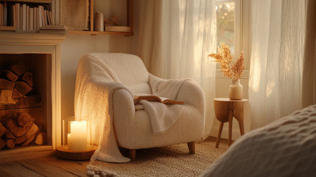 A cozy nook in a bedroom with a reading chair, soft throw blanket, and a small bookshelf, providing an inviting space for relaxation and quiet timeの素材