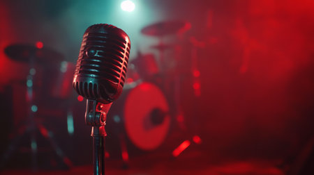A close-up of a vintage microphone on a stand, with a spotlight highlighting its classic design, evoking a sense of nostalgia and elegance in a music performance.の素材