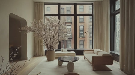 A serene interior of a minimalist living room featuring a neutral color palette, sleek furniture, and large windows that allow natural light to fill the spaceの素材
