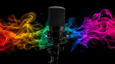 A stylish close-up of a professional microphone with a pop filter, surrounded by colorful sound waves digitally illustrated in the backgroundの素材