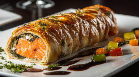 A stunning image of a salmon en crote, wrapped in flaky pastry with herbs and spices, presented elegantly on a platter, showcasing culinary creativityの素材