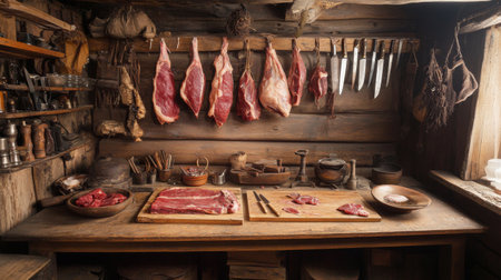 A rustic image of a butcher's workspace with freshly cut meat hanging, surrounded by knives and cutting boards, highlighting the craft of butcheryの素材