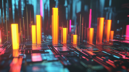 Stylized bar graph with glowing bars in neon colors, set against a dark, tech-inspired background for a dynamic and impactful graphicの素材