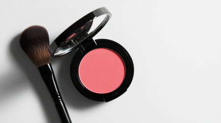 A close-up of an open compact with pressed powder and a makeup brush, set against a white background, highlighting a key component of a daily beauty routine.の素材