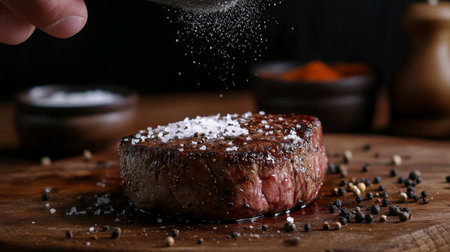 A close-up of a steak being seasoned with salt and pepper before grilling, with a background of various spices and marinades for flavor enhancement.の素材