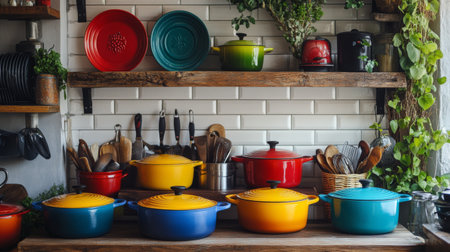 A collection of colorful enamel-coated pots and pans on a kitchen shelf, adding a vibrant and decorative touch to a well-organized cooking space.の素材