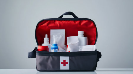 A first aid kit open on a clean white surface, revealing essential items like antiseptic wipes, bandages, and pain relievers, emphasizing its importance in household safety.の素材