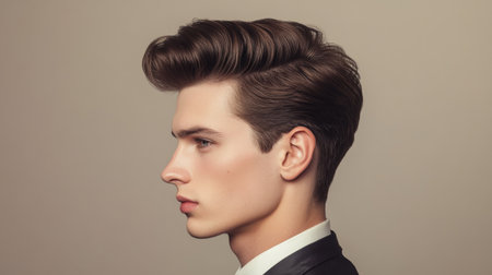 A young man with a classic pompadour hairstyle, styled with volume and sleekness, set against a neutral background to highlight the elegant design.の素材