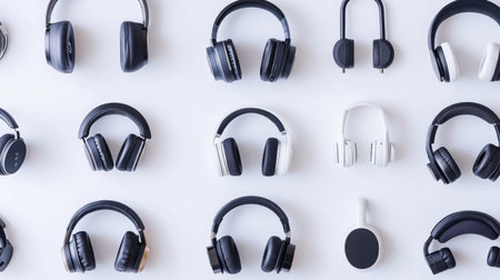 A flat lay of various types of headphones, including earbuds, over-ear, and wireless models, arranged neatly on a white background for a comprehensive display.の素材