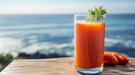 A glass of tomato juice on a beachside table with the ocean in the background, evoking a sense of relaxation and wellness during a peaceful summer vacation.の素材