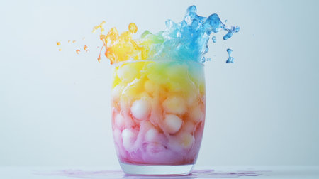 A freshly made bubble tea with a swirl of colorful fruit flavors and chewy tapioca pearls, placed on a white surface, emphasizing the drinks vibrant and appealing appearance.の素材
