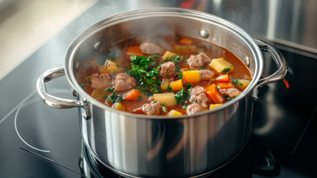 A heavy-duty stock pot with a lid, filled with a hearty soup or stew, on a stove top, highlighting the pot's size and functionality in preparing large meals.の素材