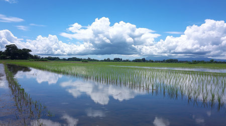 A tranquil view of a rice field with a reflection of clouds and sky in the water-filled paddies, capturing the calm and beauty of the rural landscape.の素材