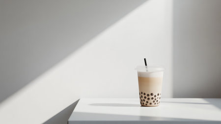 A minimalist setting with a single cup of bubble tea on a white table, emphasizing its simplicity and elegance with a clean, uncluttered background.の素材