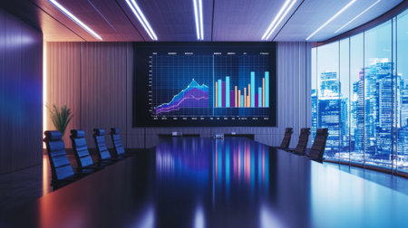 A screen displaying a comparison bar graph with multiple data sets, set in a modern conference room with a sleek design and bright lighting.の素材
