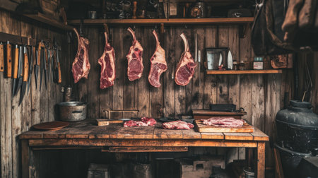 A rustic image of a butcher's workspace with freshly cut meat hanging, surrounded by knives and cutting boards, highlighting the craft of butcheryの素材