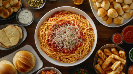 A top-down view of a family-style meal featuring a large bowl of spaghetti with marinara sauce, surrounded by serving dishes and breadsticks.の素材
