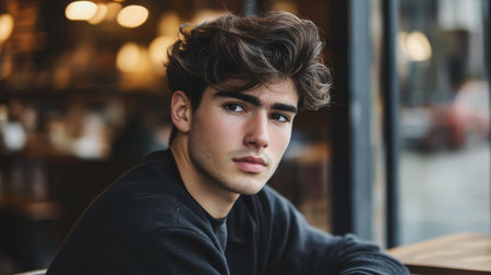A young man with a side-parted hairstyle, casually styled and relaxed, sitting at a caf, reflecting a modern and approachable aesthetic.の素材