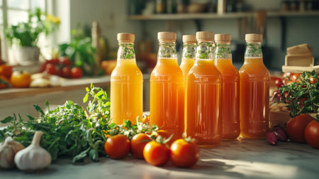 Bottles of homemade tomato juice arranged in a kitchen setting, surrounded by fresh tomatoes, garlic, and herbs, conveying the idea of organic, homegrown products.の素材