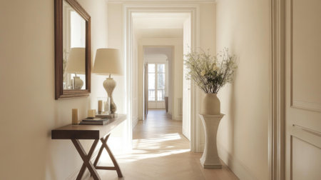 A minimalist hallway with a simple console table, a large mirror, and a few decorative elements, emphasizing clean lines and open space.の素材