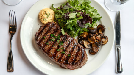 A top-down view of a steak dinner plate with a perfectly cooked steak, sauted mushrooms, and a fresh green salad, presented on a white tablecloth.の素材