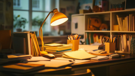 A students desk cluttered with textbooks, notebooks, and stationery, with a desk lamp casting a warm light, illustrating a focused study environment.の素材