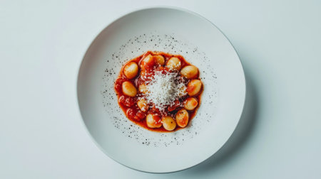 A plate of Italian gnocchi with a rich tomato sauce and a sprinkle of Parmesan cheese, set on a white background, showcasing the comforting and traditional dish.の素材