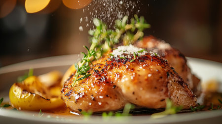 An inviting shot of a beautifully plated dish seasoned with a sprinkle of salt, garnished with fresh herbs, showcasing the final touch that elevates home-cooked meals.の素材