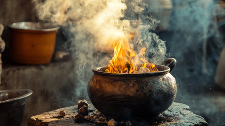 An atmospheric image of a traditional clay pot simmering over an open flame, with steam rising and aromatic spices filling the air, evoking a sense of home-cooked warmth.の素材