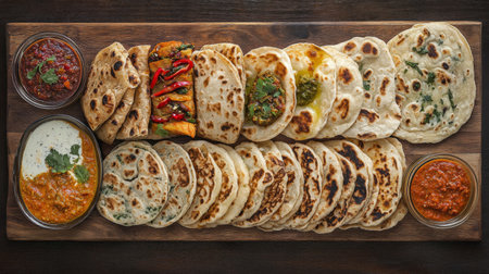 An artistic representation of different types of roti, including whole wheat, stuffed, and flavored varieties, arranged on a rustic wooden board, showcasing diversity in preparation.の素材
