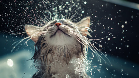 An amusing shot of a cat shaking off water after a bath, droplets flying in all directions, capturing the playful and energetic nature of felines post-bath.の素材