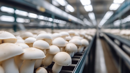 An atmospheric image of a mushroom farm, with rows of white button mushrooms growing in controlled conditions, illustrating the process of mushroom cultivation.の素材