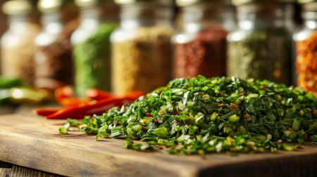 A close-up of freshly chopped green chilies and herbs on a wooden cutting board, with a blurred background of various spices in jars, showcasing a flavorful cooking environment.の素材