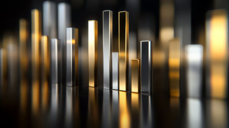 A corporate bar graph with silver and gold bars, representing financial performance, set against a dark background with subtle reflections and floating labels.の素材